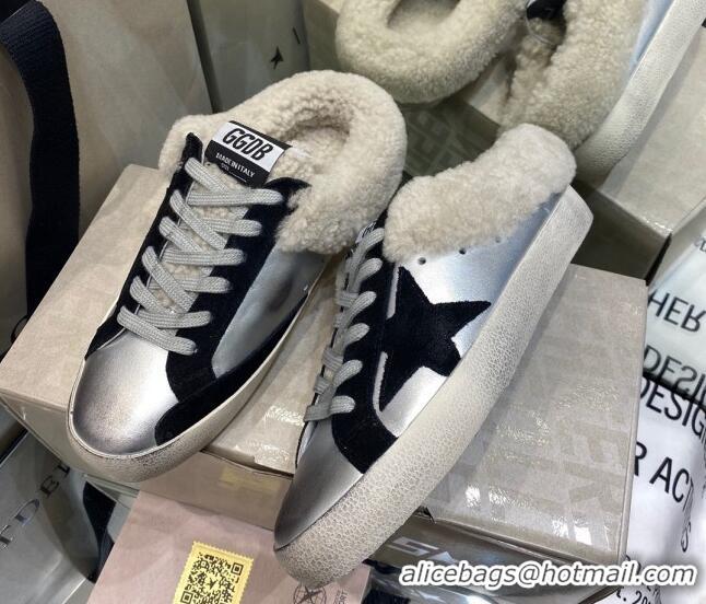 Feminine Golden Goose Super-Star Sabots in Silver Leather with Shearling Lining and Black Star 105099