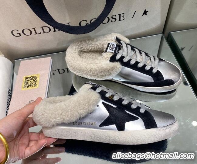 Feminine Golden Goose Super-Star Sabots in Silver Leather with Shearling Lining and Black Star 105099