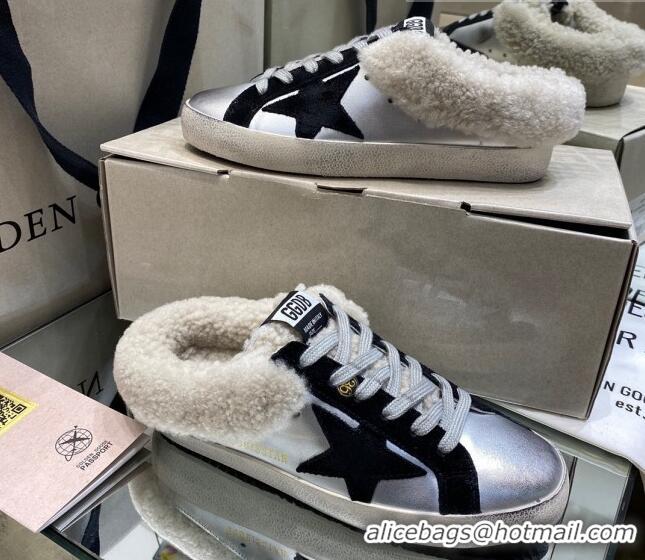 Feminine Golden Goose Super-Star Sabots in Silver Leather with Shearling Lining and Black Star 105099