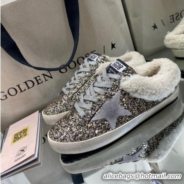 Top Grade Golden Goose Super-Star Sabots in Glitter and Shearling with Suede Star 105041