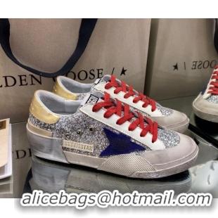 Popular Style Golden Goose Super-Star Sneakers in Silver Glitter with Blue Suede Star 105042