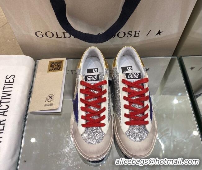 Popular Style Golden Goose Super-Star Sneakers in Silver Glitter with Blue Suede Star 105042