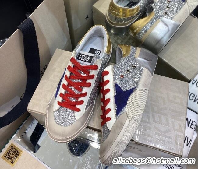 Popular Style Golden Goose Super-Star Sneakers in Silver Glitter with Blue Suede Star 105042