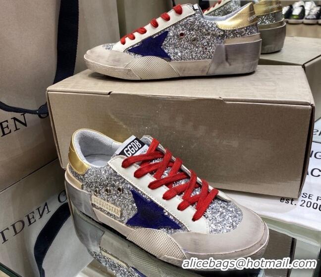 Popular Style Golden Goose Super-Star Sneakers in Silver Glitter with Blue Suede Star 105042