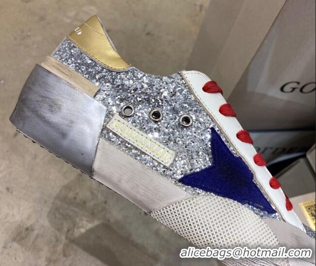 Popular Style Golden Goose Super-Star Sneakers in Silver Glitter with Blue Suede Star 105042