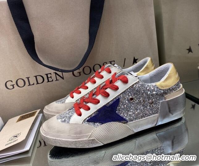 Popular Style Golden Goose Super-Star Sneakers in Silver Glitter with Blue Suede Star 105042