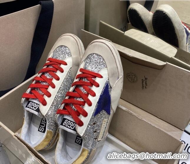 Popular Style Golden Goose Super-Star Sneakers in Silver Glitter with Blue Suede Star 105042