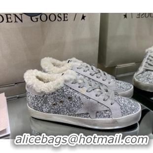 Grade Quality Golden Goose Super-Star Sneakers in Silver Glitter with Shearling Lining 105044