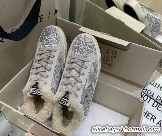 Grade Quality Golden Goose Super-Star Sneakers in Silver Glitter with Shearling Lining 105044