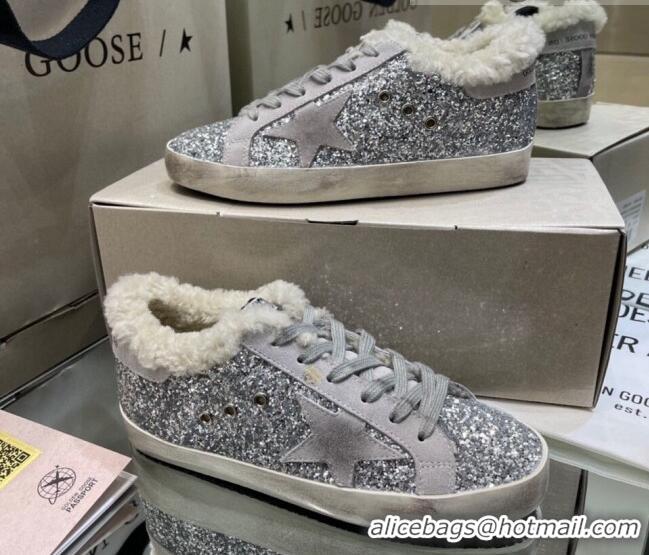 Grade Quality Golden Goose Super-Star Sneakers in Silver Glitter with Shearling Lining 105044