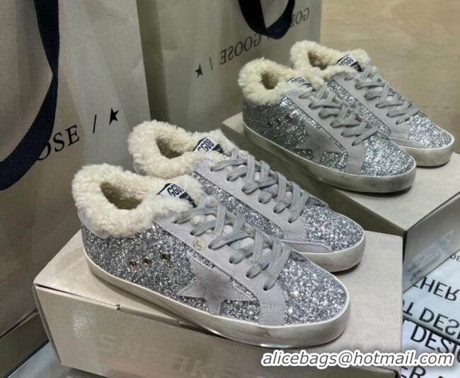 Grade Quality Golden Goose Super-Star Sneakers in Silver Glitter with Shearling Lining 105044