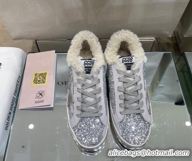 Grade Quality Golden Goose Super-Star Sneakers in Silver Glitter with Shearling Lining 105044