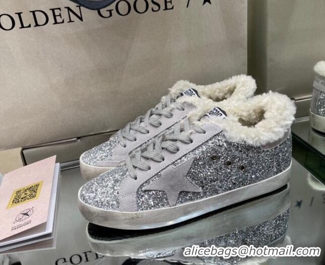 Grade Quality Golden Goose Super-Star Sneakers in Silver Glitter with Shearling Lining 105044