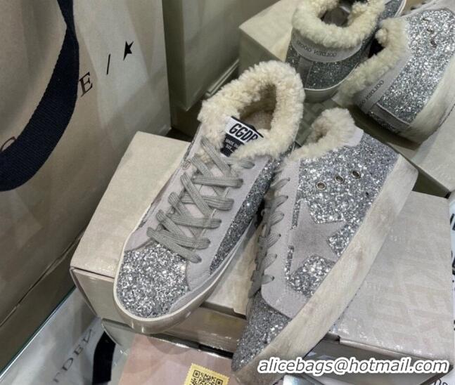 Grade Quality Golden Goose Super-Star Sneakers in Silver Glitter with Shearling Lining 105044