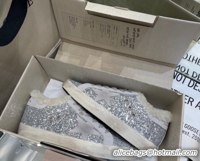 Grade Quality Golden Goose Super-Star Sneakers in Silver Glitter with Shearling Lining 105044