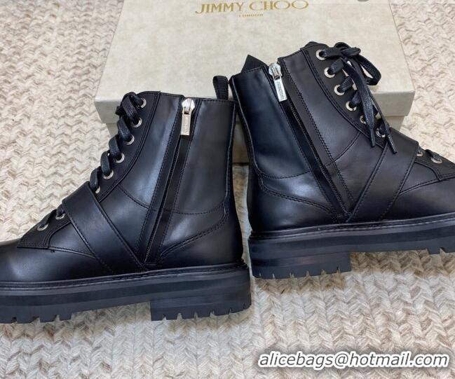 Super Quality Jimmy Choo Calf Leather Crystal Buckle Ankle Boots Black 111674