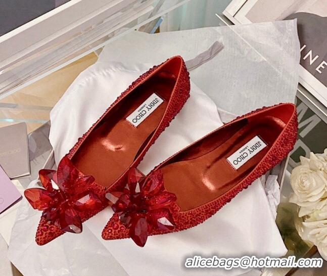 Luxury Classic Jimmy Choo Crystal Ballerinas Flat Red 111692