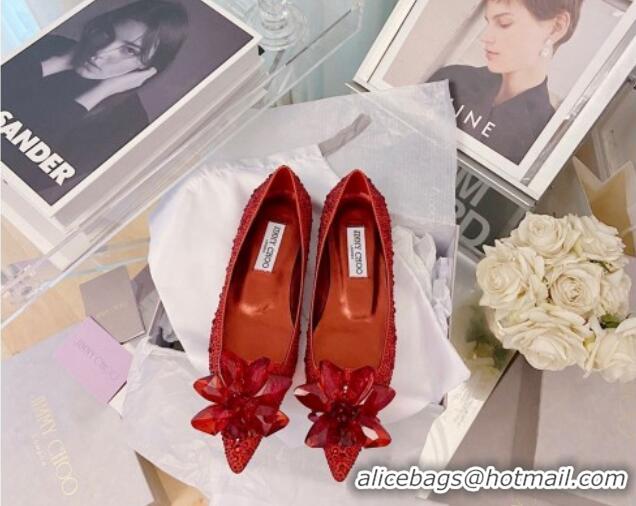 Luxury Classic Jimmy Choo Crystal Ballerinas Flat Red 111692