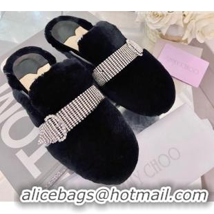 Luxury Hot Jimmy Choo Crystal Buckle Shearling Flat Mules Black 111699