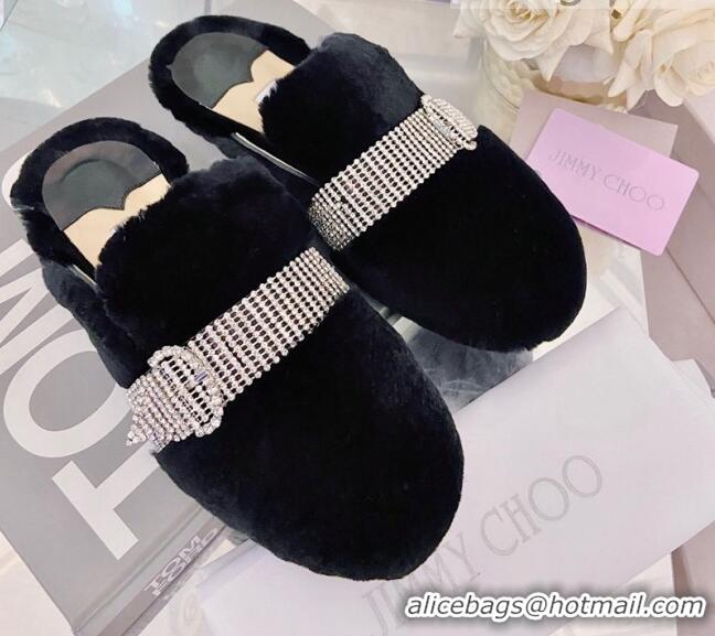 Luxury Hot Jimmy Choo Crystal Buckle Shearling Flat Mules Black 111699