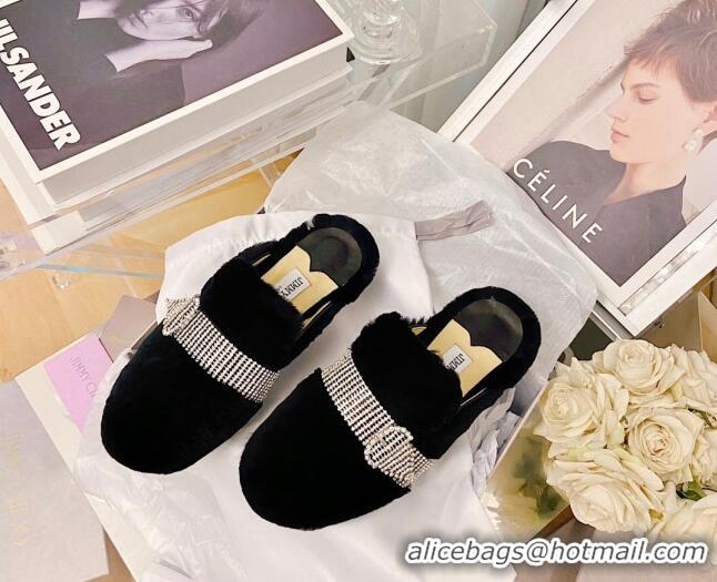 Luxury Hot Jimmy Choo Crystal Buckle Shearling Flat Mules Black 111699