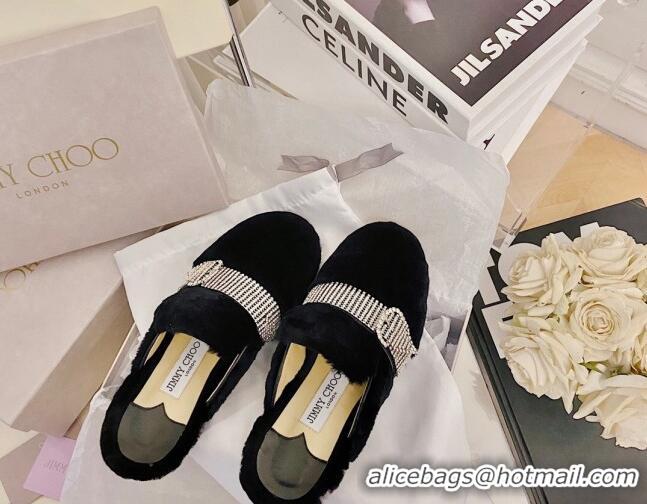 Luxury Hot Jimmy Choo Crystal Buckle Shearling Flat Mules Black 111699