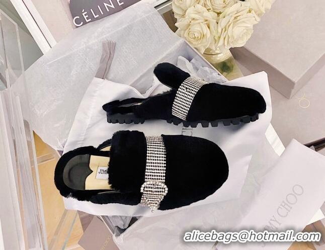 Luxury Hot Jimmy Choo Crystal Buckle Shearling Flat Mules Black 111699