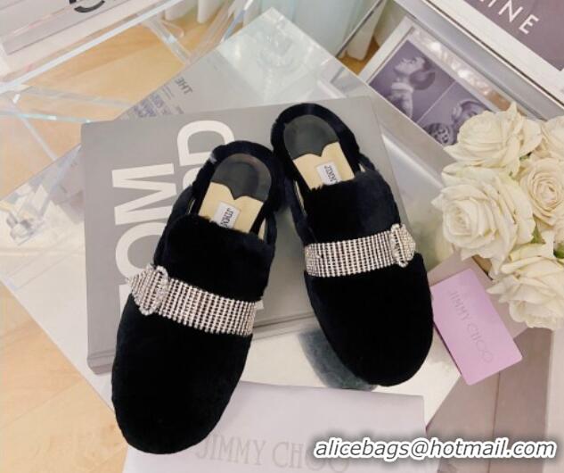 Luxury Hot Jimmy Choo Crystal Buckle Shearling Flat Mules Black 111699