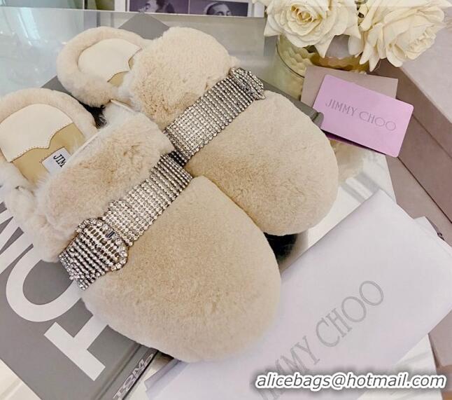 Low Cost Jimmy Choo Crystal Buckle Shearling Flat Mules Beige 1116100