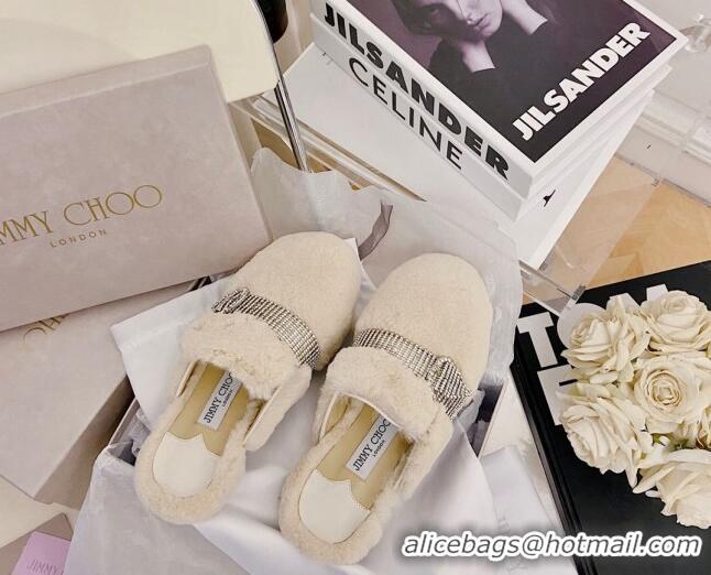 Low Cost Jimmy Choo Crystal Buckle Shearling Flat Mules Beige 1116100