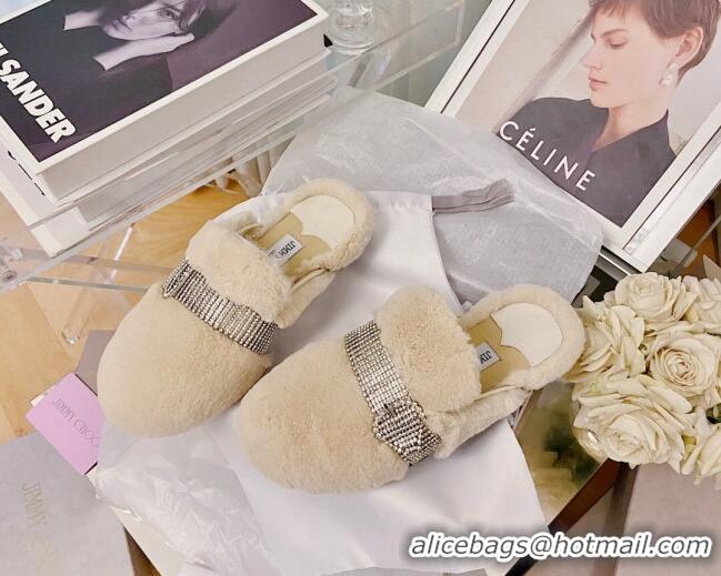 Low Cost Jimmy Choo Crystal Buckle Shearling Flat Mules Beige 1116100