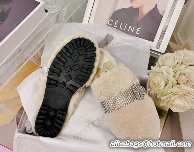 Low Cost Jimmy Choo Crystal Buckle Shearling Flat Mules Beige 1116100