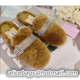 Unique Grade Jimmy Choo Crystal Buckle Shearling Flat Mules Brown 1116101