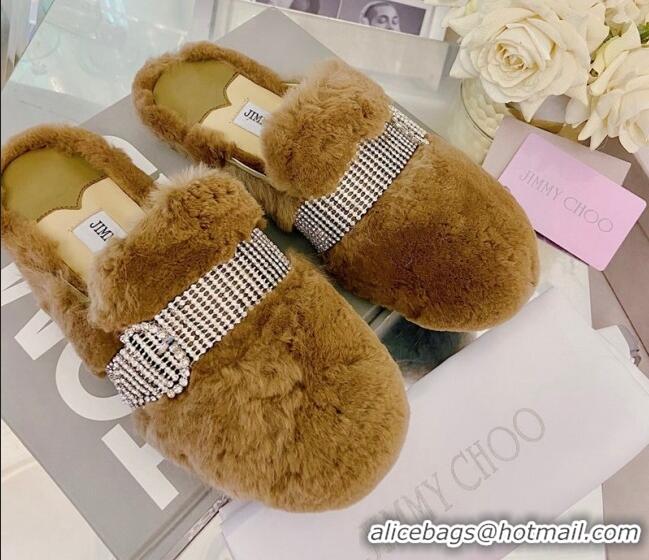 Unique Grade Jimmy Choo Crystal Buckle Shearling Flat Mules Brown 1116101