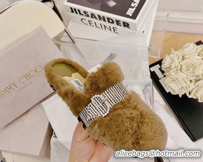 Unique Grade Jimmy Choo Crystal Buckle Shearling Flat Mules Brown 1116101