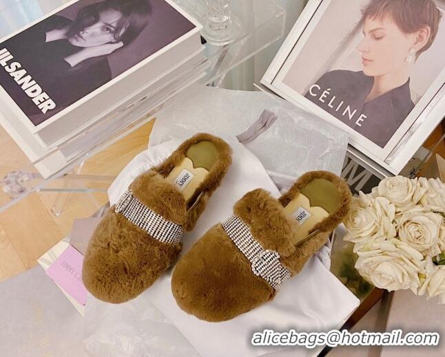 Unique Grade Jimmy Choo Crystal Buckle Shearling Flat Mules Brown 1116101