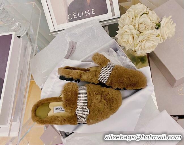 Unique Grade Jimmy Choo Crystal Buckle Shearling Flat Mules Brown 1116101