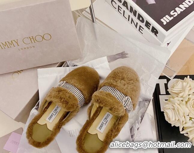 Unique Grade Jimmy Choo Crystal Buckle Shearling Flat Mules Brown 1116101