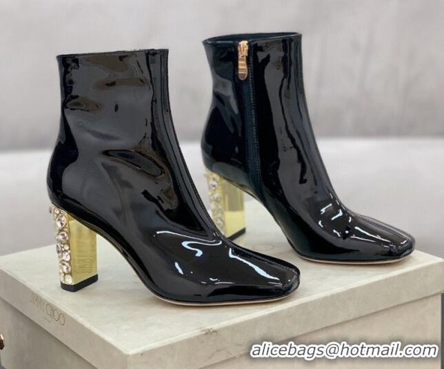 Classic Practical Jimmy Choo Patent Leather Crystal Heel 8cm Ankle Boots Black 1116102