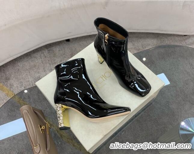 Classic Practical Jimmy Choo Patent Leather Crystal Heel 8cm Ankle Boots Black 1116102