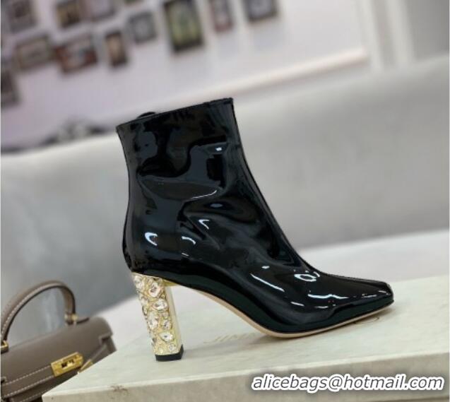 Classic Practical Jimmy Choo Patent Leather Crystal Heel 8cm Ankle Boots Black 1116102