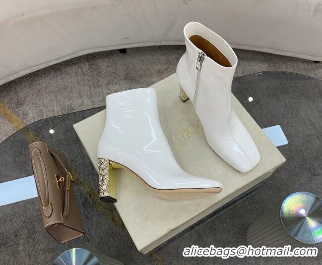 Best Design Jimmy Choo Patent Leather Crystal Heel 8cm Ankle Boots 1116102 White