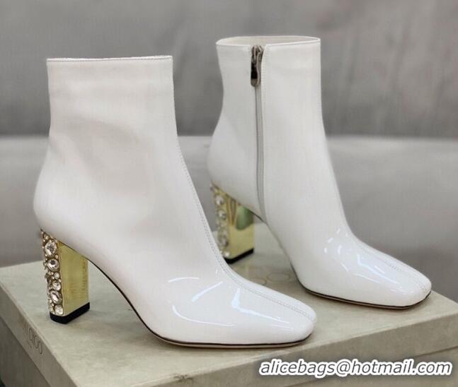 Best Design Jimmy Choo Patent Leather Crystal Heel 8cm Ankle Boots 1116102 White