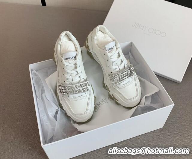 Best Luxury Design Jimmy Choo Leather Crystal Band Sneakers 112350 White