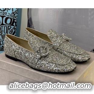 Good Product Jimmy Choo Crystal Buckle Loafers 112352 Silver