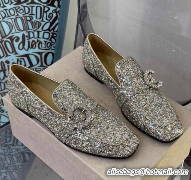 Good Product Jimmy Choo Crystal Buckle Loafers 112352 Silver