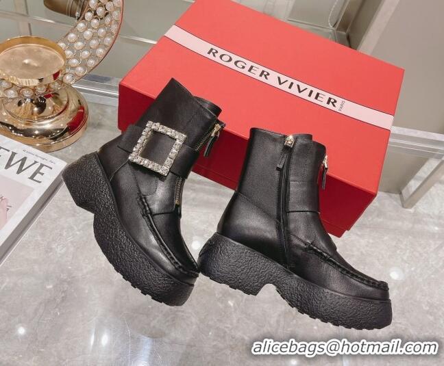 Top Quality Roger Vivier Calfskin Platform Ankle Boots Black/Crystal 111868