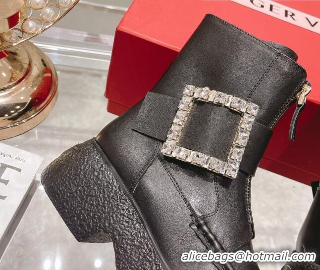 Top Quality Roger Vivier Calfskin Platform Ankle Boots Black/Crystal 111868