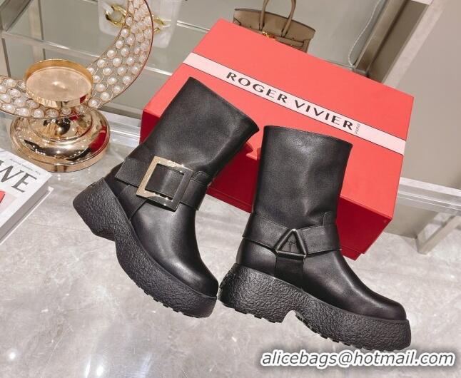 Discount Roger Vivier Calfskin Platform Short Boots Black/Silver 111869