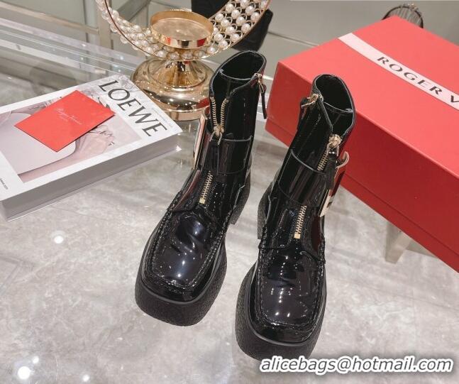 Classic Practical Roger Vivier Patent Leather Platform Ankle Boots Black/Crystal 111875